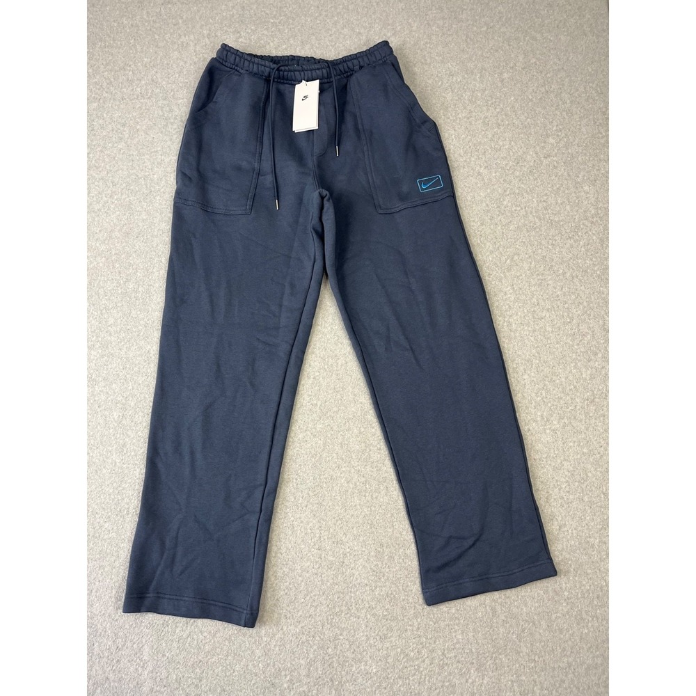 Nike Sportswear Fleece Sweatpants Mens M Blue Swoosh Box Graphic Open Hem Relaxe - Picture 2 of 15